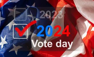 2024 presidential election year in United States as illustration template on blue background wall with reflection. photo