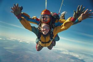 ai generado bonito mujer es volador tándem paracaidismo en el cielo. foto