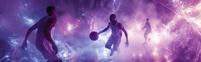 ai generado baloncesto jugador jugadores en acción en fumar antecedentes. deporte bandera, volantes foto