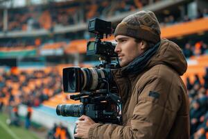 ai generado televisión cámara a el estadio durante fútbol americano partidos. televisión cámara durante el fútbol partido foto