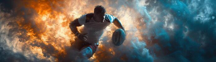 AI Generated Man rugby player holds ball on dark background. Sports banner. Horizontal copy space background photo