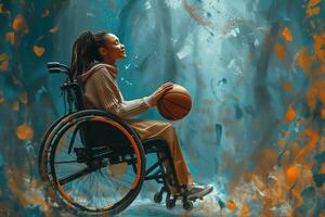 ai generado joven mujer sentado en silla de ruedas participación baloncesto en parque. esperanza concepto foto