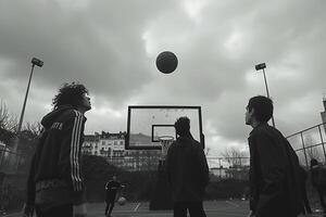 ai generado jugadores en navegador parque cesta pelota Corte disfrutar un soleado tarde primavera tarde de baloncesto foto