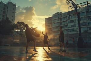 ai generado jugadores en navegador parque cesta pelota Corte disfrutar un soleado tarde primavera tarde de baloncesto foto