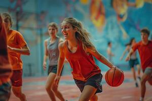 ai generado niña jugar baloncesto deporte torneo foto