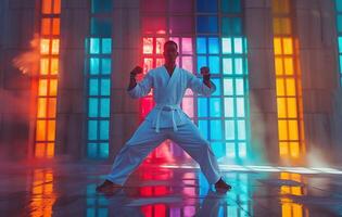 ai generado entrenador de kárate, hombre, combatiente o atleta posando en luchando postura con puños en blanco kimono, traje, con cinturón en beige pared. marcial Arte y energía foto