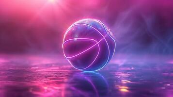 ai generado baloncesto pelota con brillante líneas en vistoso azul y rosado neón ligero antecedentes. futurista deporte concepto. 3d representación foto