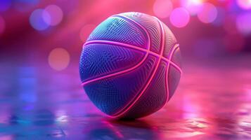 ai generado baloncesto pelota con brillante líneas en vistoso azul y rosado neón ligero antecedentes. futurista deporte concepto. 3d representación foto