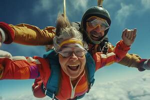 AI Generated Portrait of two tandem skydivers in action parachuting through the air. photo