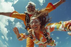 AI Generated Portrait of two tandem skydivers in action parachuting through the air. photo