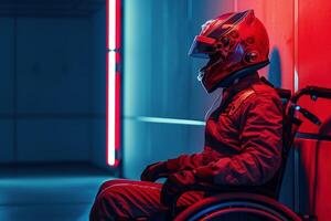 AI Generated A man in overalls with a cyber helmet on his head, sitting in a wheelchair in an old apartment, high technology and a low standard of living of society, concept photo