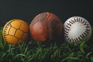 ai generado 3d representación de un baloncesto, béisbol, y fútbol pelotas foto