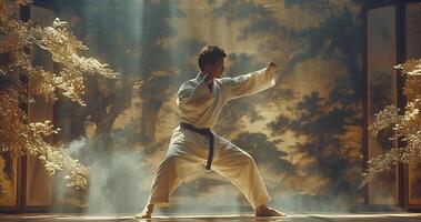 ai generado entrenador de kárate, hombre, combatiente o atleta posando en luchando postura con puños en blanco kimono, traje, con cinturón en beige pared. marcial Arte y energía foto