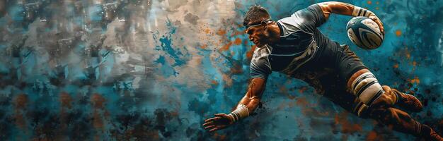 AI Generated Man rugby player holds ball on dark background. Sports banner. Horizontal copy space background photo