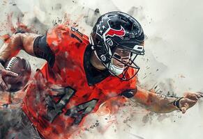 ai generado dibujo de un nfl jugador con un pelota y un casco en un de colores antecedentes. para tu diseño foto