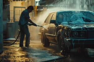 AI Generated Hand washing with high pressure water, spraying water on the car. Self-service car wash photo