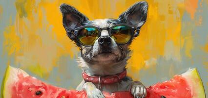 AI Generated Smiling puppy wearing sunglasses holds a watermelon photo