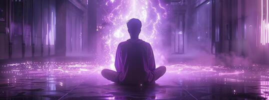 AI Generated Aura energy. Inner harmony. Spiritual contemplation. Double exposure profile silhouette of man face with purple blue pink color smoke isolated on white copy space. photo