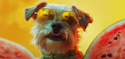 ai generado sonriente perrito vistiendo Gafas de sol sostiene un sandía foto