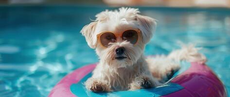 AI Generated Portrait summer dog puppy going on vacation to beach inside a blue inflatable with happy expression face. photo