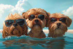 AI Generated  cute dogs swimming and play in the swimming pool photo