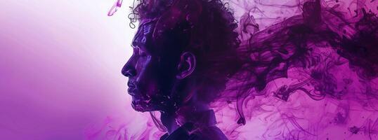 AI Generated Aura energy. Inner harmony. Spiritual contemplation. Double exposure profile silhouette of man face with purple blue pink color smoke isolated on white copy space. photo
