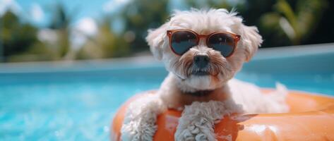 AI Generated Portrait summer dog puppy going on vacation to beach inside a blue inflatable with happy expression face. photo