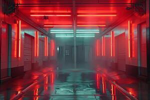 AI Generated Large Sci Fi Futuristic Elegant Modern Warehouse Red Laser Beams Pillars Lights Glowing Windows concrete Grunge Tunnel Corridor Alien Spaceship 3D Rendering Illustration photo