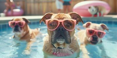 AI Generated funny dogs puppy with sunglasses in the pool photo