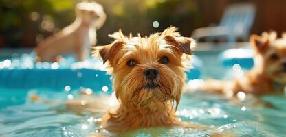 AI Generated Cute Dog swimming in training pool photo