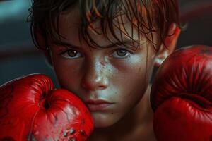 ai generado alegre hermoso pequeño chico Boxer vistiendo boxeo guantes se regocija en un victoria. aislado en oscuro texturizado antecedentes. foto