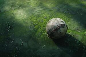AI Generated Old worn leather baseball on wood with light photo