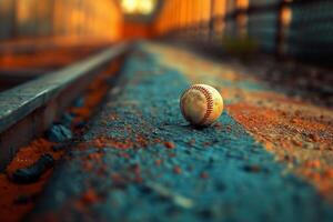 ai generado antiguo desgastado cuero béisbol en madera con ligero foto