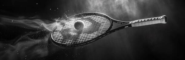 AI Generated Tennis racket racquet isolated against a black background in black and white photo