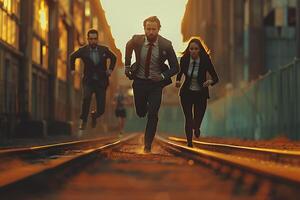 AI Generated Businessman team cooperate to achieve target for successful on building in city background photo