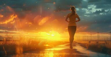 AI Generated Silhouette of running woman against the colorful sky. Silhouette of running man on sunset fiery background photo