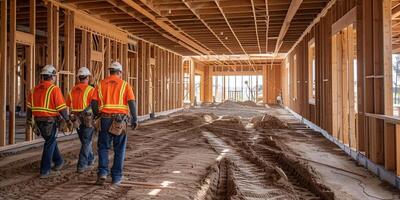 ai generado dos civil ingenieros vestido en naranja trabajo chalecos y cascos discutir el construcción proceso en el edificio sitio cerca el de madera construcciones y acero marcos foto