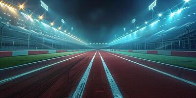 AI Generated athletics stadium with track at general front night view sport theme render illustration background photo