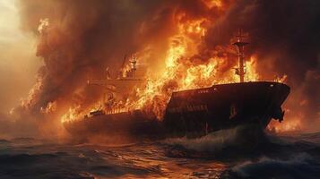 ai generado fuego en un carga barco. un Embarcacion que lleva licuado gas es envuelto en llamas explosión y fuego en un gas portador en el alto mares 3d representación foto