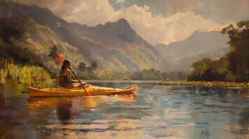 AI Generated Woman exploring calm tropical bay with limestone mountains by kayak. photo