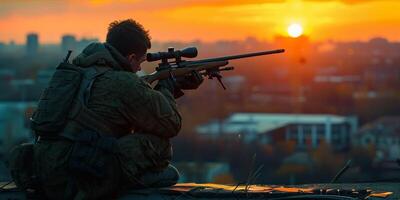 AI Generated Soldier in war, with weapons in his hands, aim at the enemy photo