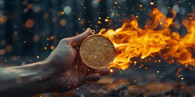 AI Generated Man's hand in a fire is holding up gold medal on a dark background. Winner in a competition. photo