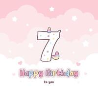 Seventh birthday greeting card with cute unicorn number vector