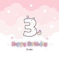 Third birthday greeting card with cute unicorn number vector