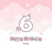 sexto cumpleaños saludo tarjeta con linda unicornio número vector