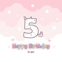 Fifth birthday greeting card with cute unicorn number vector