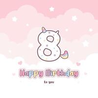 Eighth birthday greeting card with cute unicorn number vector