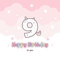 noveno cumpleaños saludo tarjeta con linda unicornio número vector
