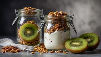 jar of yogurt with granola and kiwi in the kitchen photo