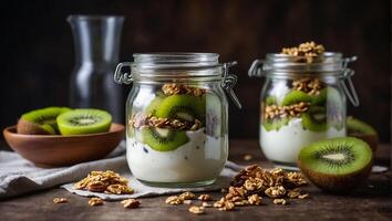 jar of yogurt with granola and kiwi in the kitchen photo